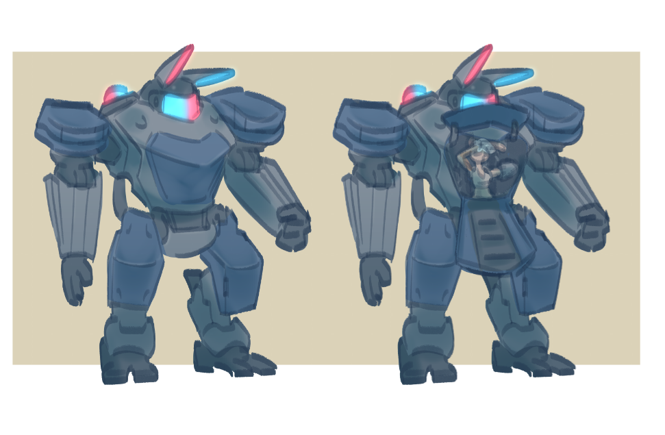 concept art featuring a police-mech with bunny ears, driven by a bunny girl