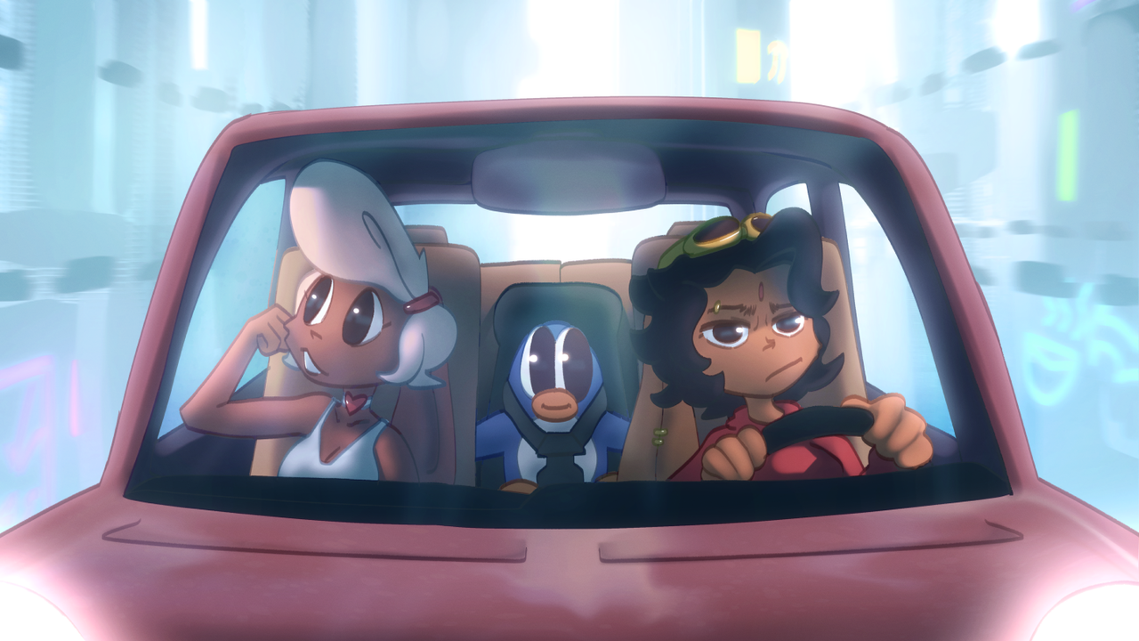 two bunny girls, basquette and gyaan, are driving a flying car, in a futuristic city, with pengu sitting in a babyseat in the back
